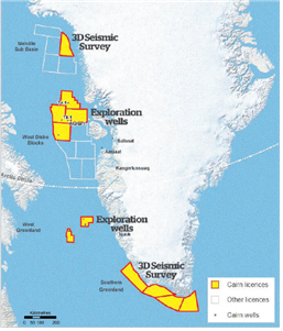 Location of expoloration wells in Greenland(Carin Energy, 2013)